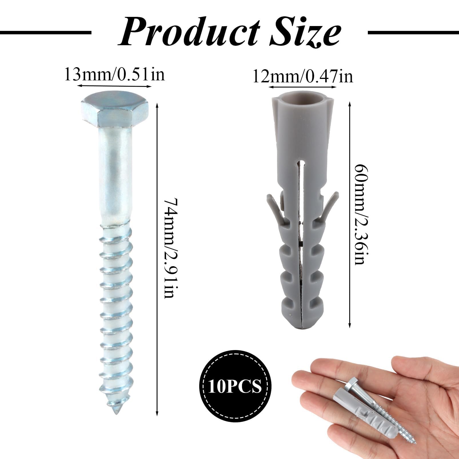 M8 x 80mm Masonry Wall Fixing Screws with Wall Plugs, 10 Pack, Zinc-Plated Coach Screws for Brick Concrete and Stone - Image 2