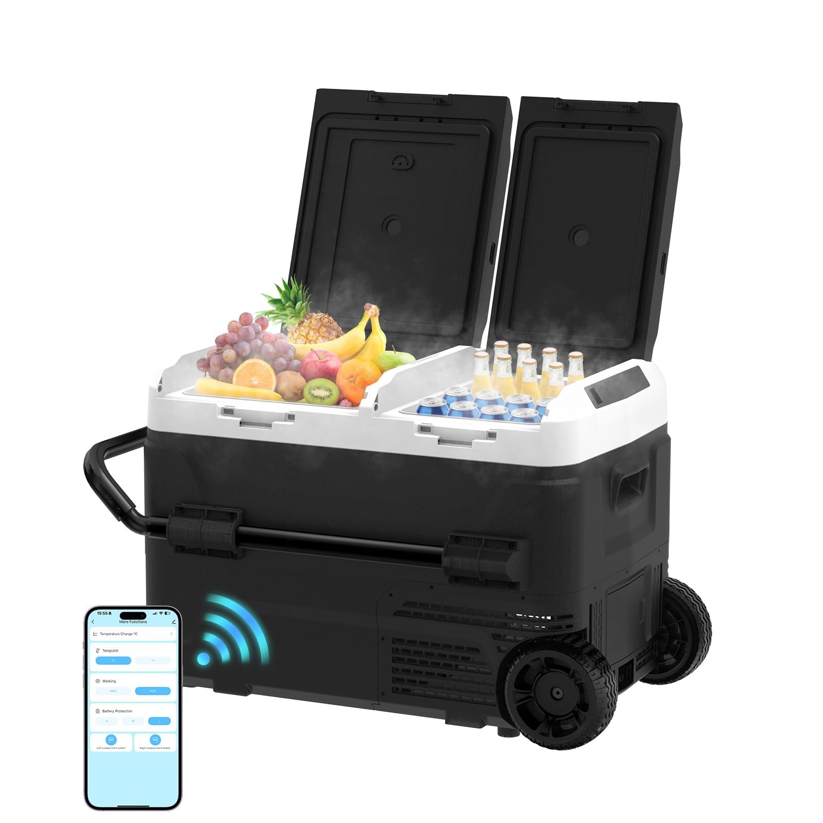 AS 40L Kompressor Kühlbox Dual Zone, Elektrische Kühlbox 12V /24V mit APP Steuerung, -20°C Tragbare Gefrierbox, kühlschrank mit Rollen und Teleskopgriff für Auto, LKW, Camping und Wohnmobil