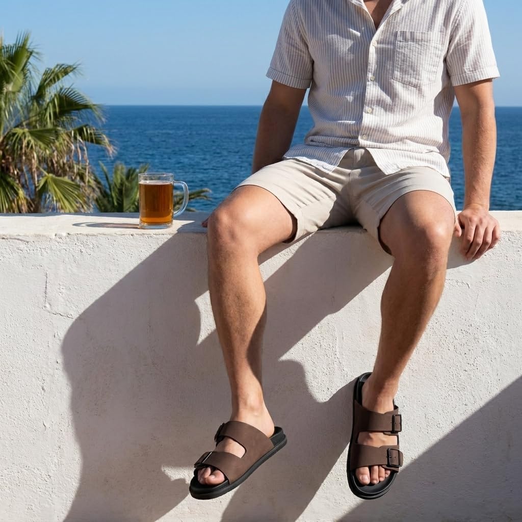 CUSHIONAIRE Alpha 100% Genuine Leather Mens Sandals, Casual Slip On Flat Men Slides with Adjustable Buckles