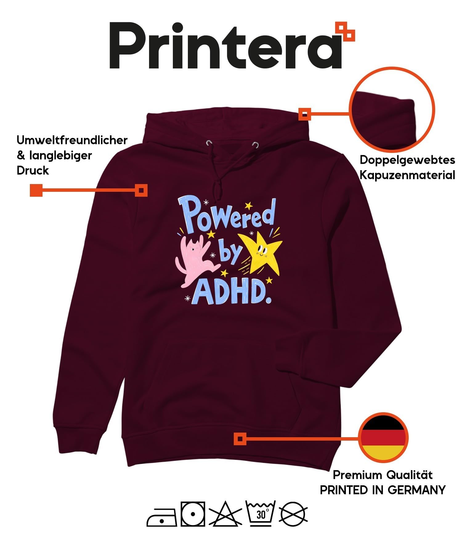 Powered by ADHD kot gwiazda statement bluza z kapturem | Sarkazm Koncentracja Nadpobudliwość Zdrowie Mental Health Awareness Dzieci Szkoła Pastelowe Ręcznie rysowane Kotek Gwiazdka