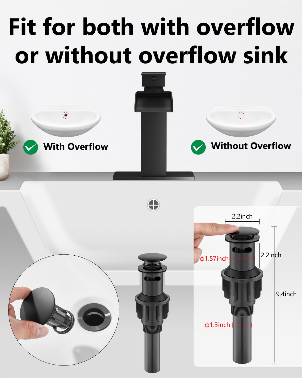 Waterfall Bathroom Faucet for 1 Hole Single Handle Vanity Bathroom Sink Faucet with Deck Plate Pop-up Drain Supply — view 9