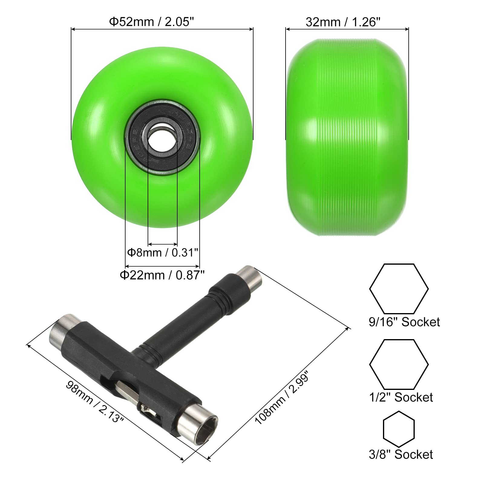 PATIKIL Lot de 4 roues et roulements de skateboard de 52 mm pour skateboards, cruiser, roues de rechange 95A, vert et noir