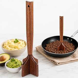 Wooden Meat Chopper,Ground Meat Masher,Beef Masher,Hamburger Masher,Potato and Bean Masher,Chicken and Beef Shredder,Multi-Use Wood Meat Separator and Long-lasting Kitchen Utensil