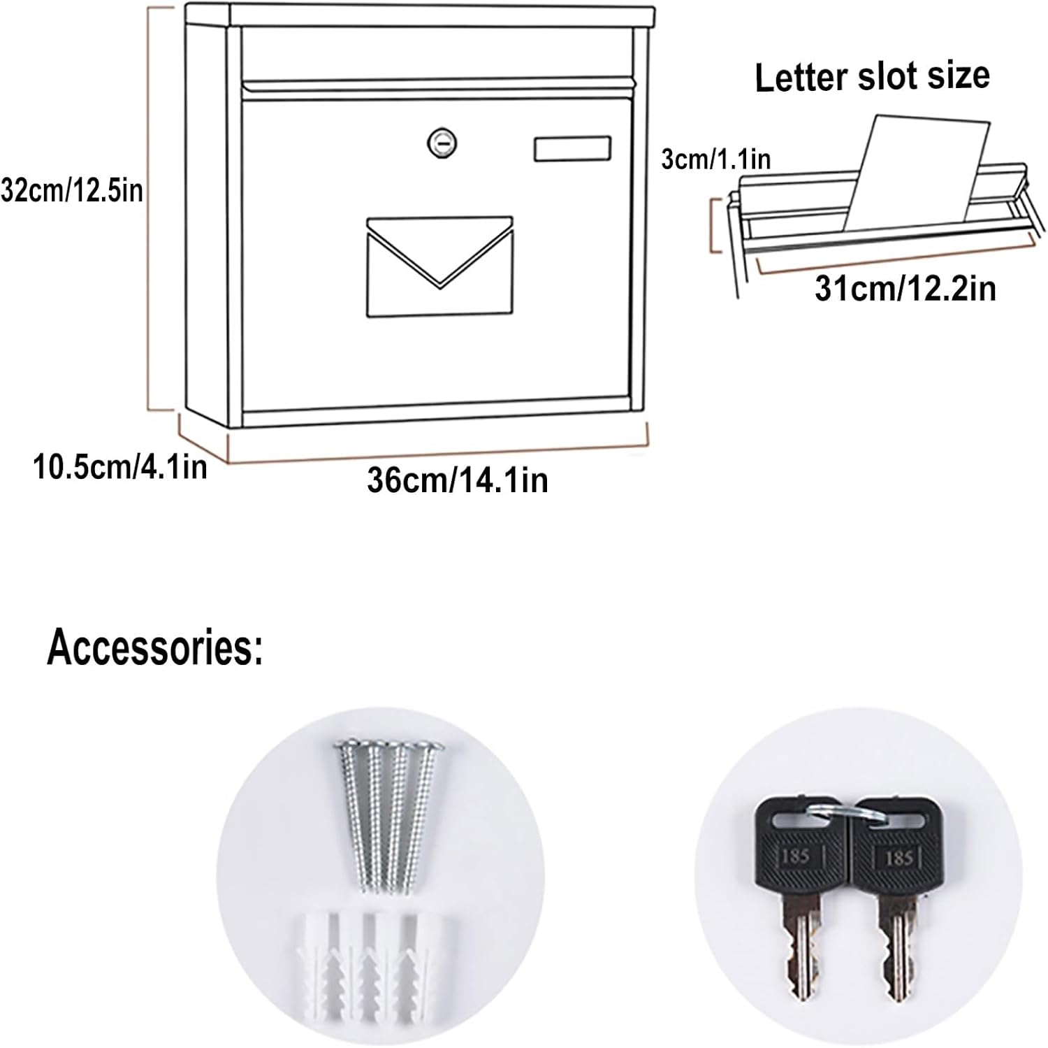 Mailboxes for Outside, Wall Mount Mailboxes, Locking Mailbox, for Storing Letters, Keys, Etc. 14.1×4.1×12.5inch (Color : Brown)