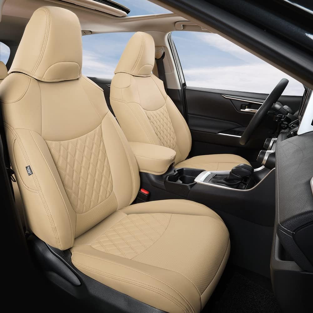 GIANT PANDA Pu Leather Car Seat Covers Full Set Custom Fit for Toyota RAV4 Hybrid LE/Hybrid Limited/Hybrid XLE/Hybrid XLE Premium 2019 2020 2021 2022 2023 2024 2025-(Beige)