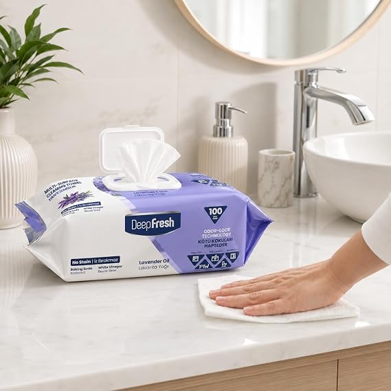 DeepFresh Lavender Scented Multi-Surface Cleaning Wipes, 100 Pieces, 12 Pack, Antibacterial, Cleaning, Big, Floor,