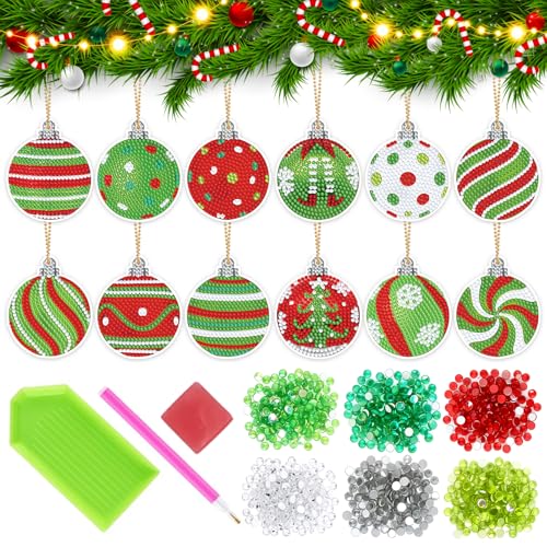 FRVCRS 12Pcs Christmas Diamond Art Keychains DIY Art Christmas Ornaments Holiday Diamond Art Kits Christmas Crafts for Adults (Christmas Tree Balls)