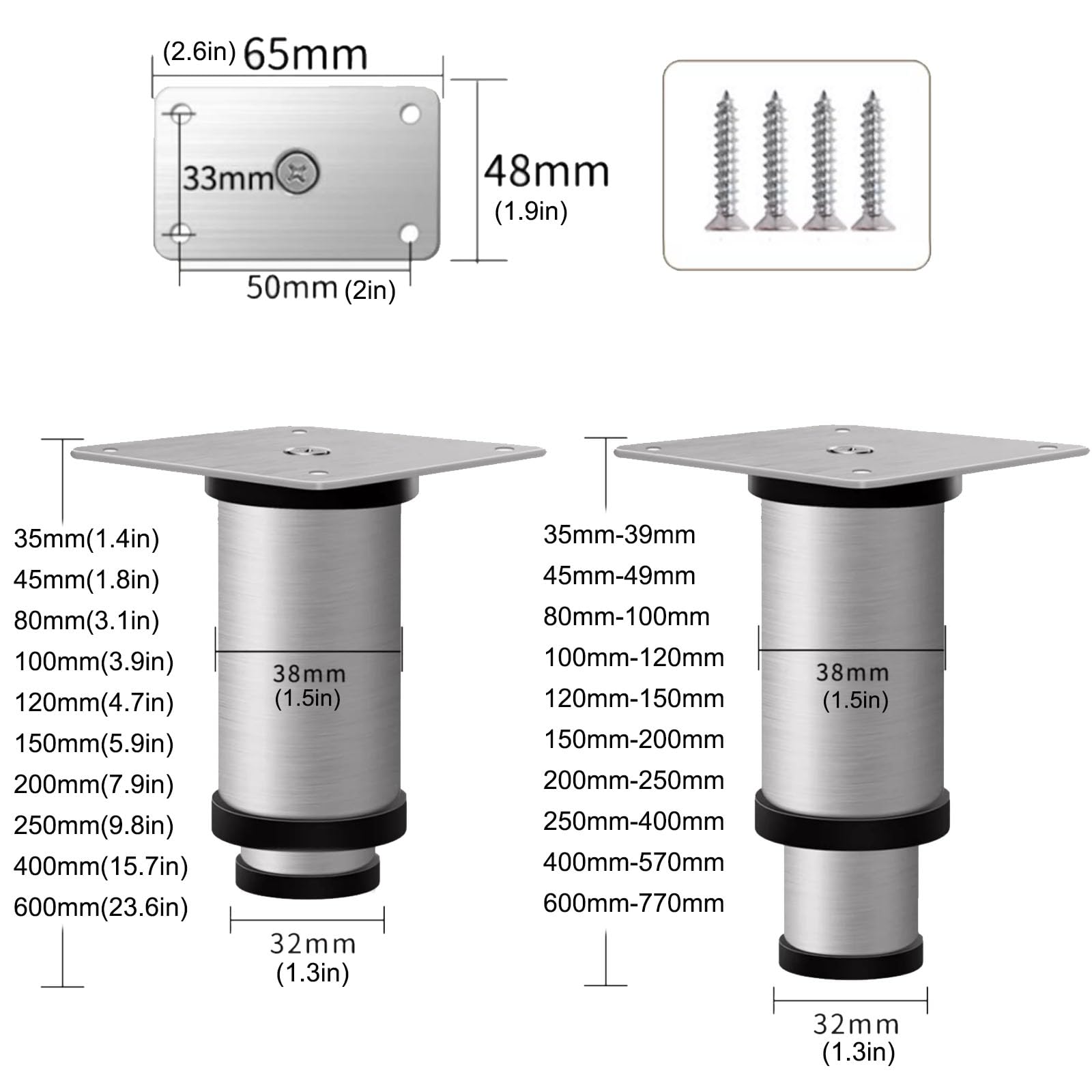 Metal Muebles Cocina Baño Piernas, 4 piezas de patas de metal for muebles, patas de mesa ajustables, patas de soporte de sofá de acero inoxidable, reemplazo, con tornillo(Schwarz,600mm(23.6in))