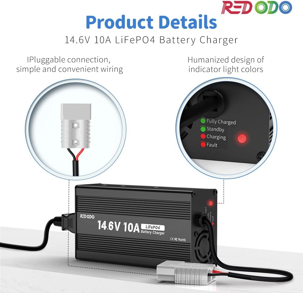 Redodo 14.6V 10A Lifepo4 Battery Charger for Lithium Iron Phosphate Battery, Support Fast Charging, High Charging Efficiency Designed for Deep Cycle LiFePO4 Battery Charging