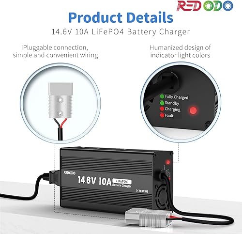 Miniatura 3 de Redodo Cargador de batería Lifepo4 de 14.6V 10A para batería de fosfato de hierro y litio, soporte de carga rápida, alta eficiencia de carga