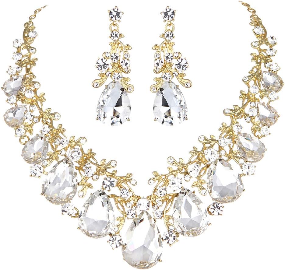 Molie Youfir Austrian Crystal Leaf Statement Wedding Necklace and Earrings Jewelry Sets for Women Formal Dress