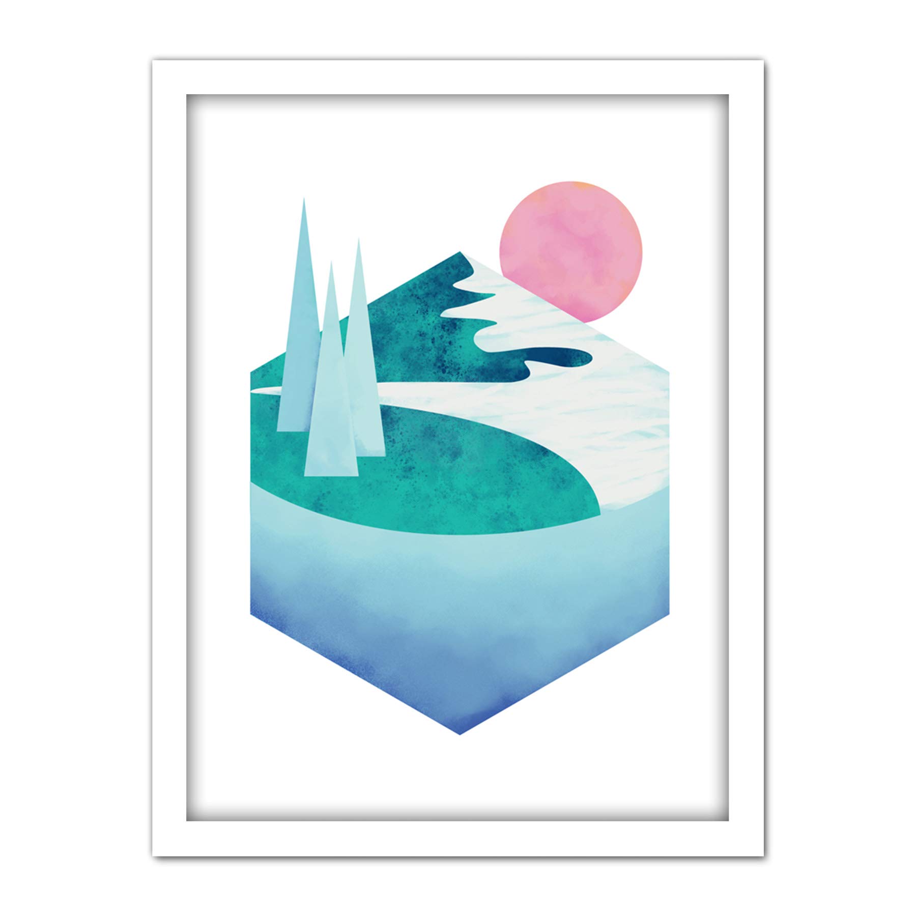 Wee Blue Coo Minimalist Mountains Lake Sunset Artwork Framed Wall Art Print 18X24 Inch