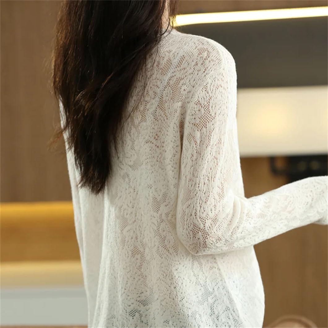 Maglione da donna in lana sottile, maglia a maniche lunghe in seta traforata morbida