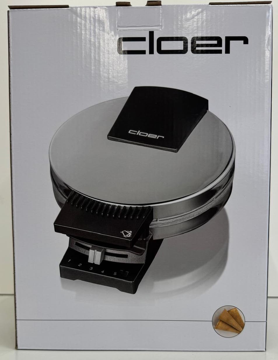 Cloer 285 Gaufrier à cornets pour croissants fins et croustillants, Plaques de cuisson 15 cm Ø, Plaques très lourdes, Message prêt à l'emploi optique et acoustique, 800 W, acier inoxydable chrome