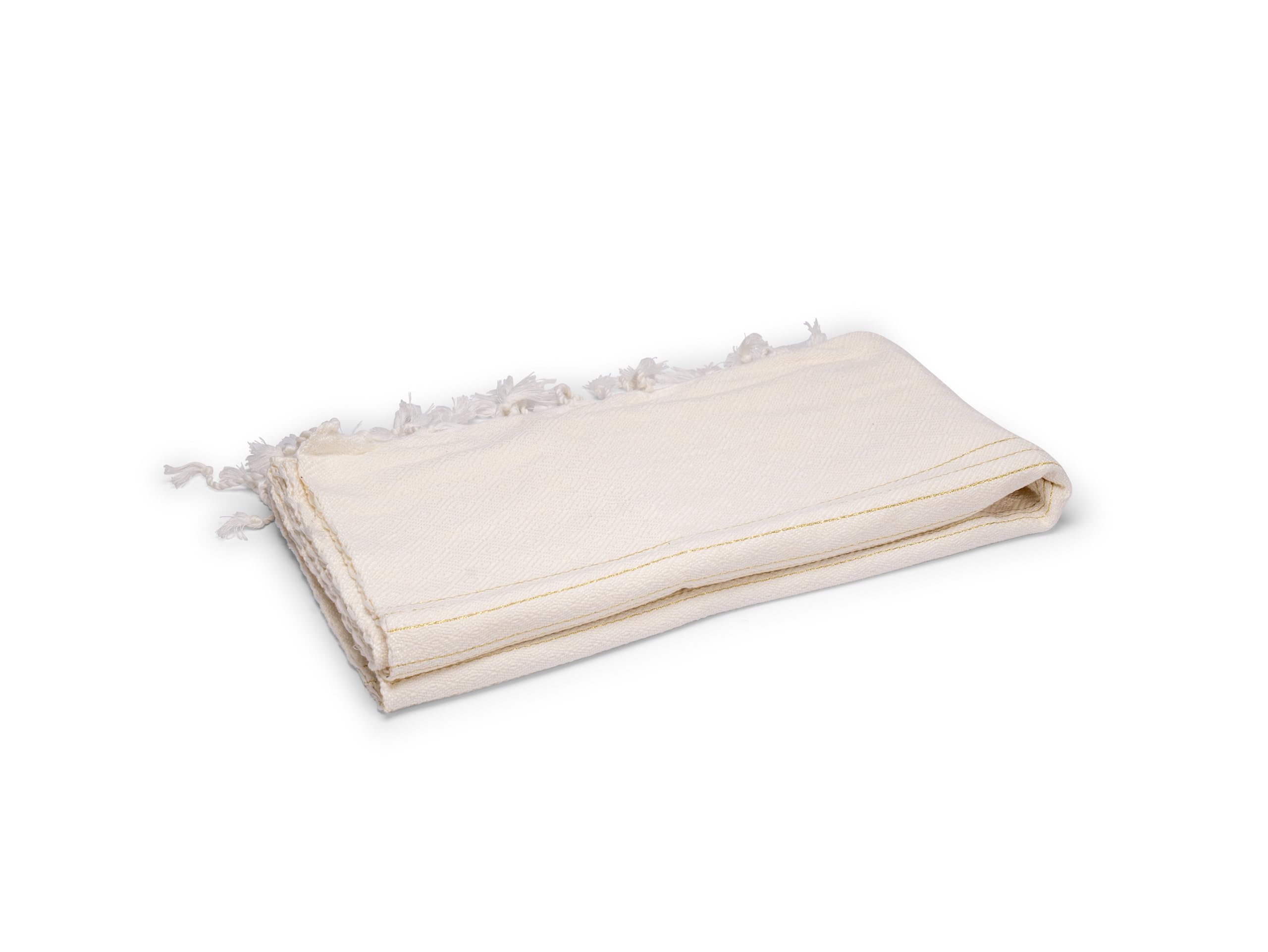 Serviette fouta marocaine en coton avec motif losanges et rayures dorées, 100 x 200 cm, blanc avec franges.