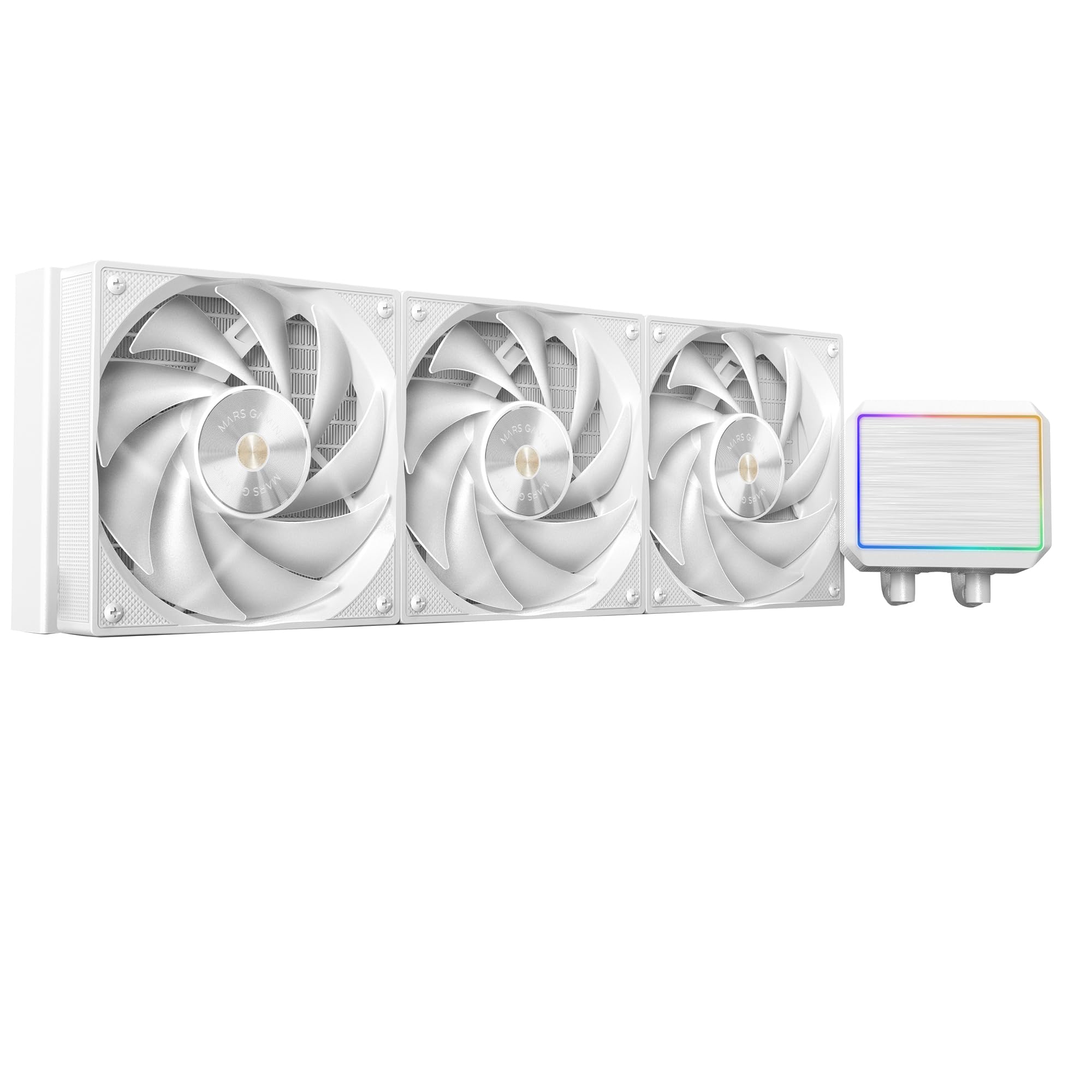 Mars Gaming ML-PROII360 Flüssigkeitskühlung AIO 600W TDP, Pumpe 4. Gen Opti-Chamber Kupferbasis und Mikrorohre, 3x 120mm FDB Lüfter, gebürsteter Aluminiumblock mit linearem FRGB, Weiß