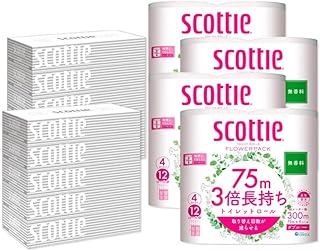 【定期便】《3ヶ月ごとに4回お届け》トイレットペーパー スコッティ 3倍長持ち 無香料 4ロール(ダブル)×4P & ティッシュペーパー スコッティ10箱(5箱×2P) 秋田市オリジナル