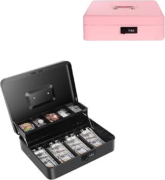 Cash Box with Combination Lock and Money Tray Metal Money Box for Cash Black + Pink11.8"x9.45"x3.54"