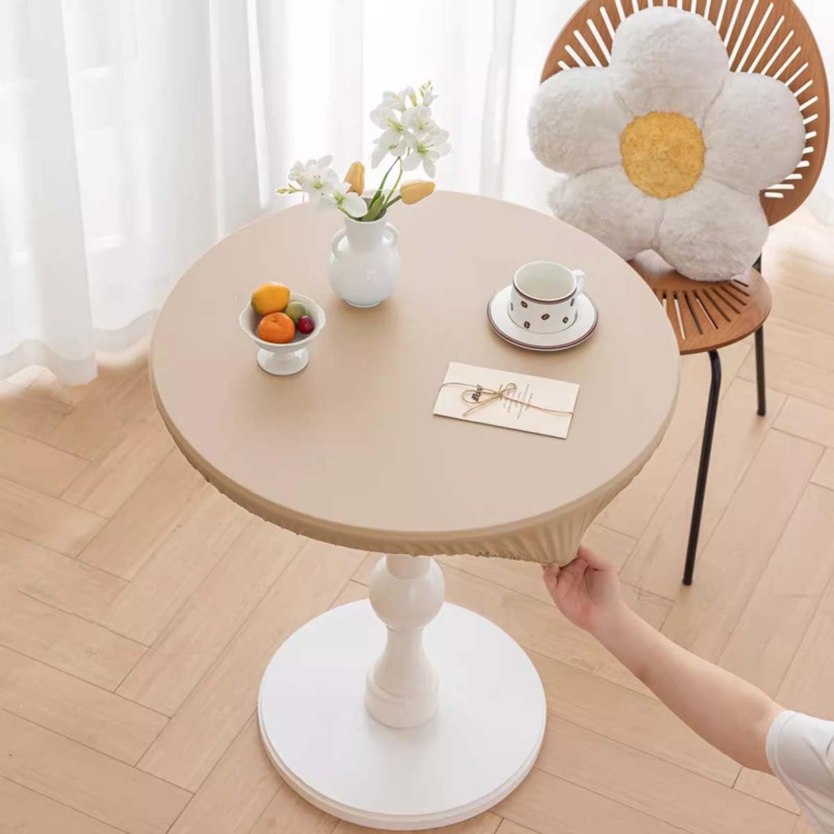Miaogoo Round Tablecloth Waterproof Oil-proof Table Protector, Elastic Edged Fitted Wipeable Table Cloth for Restaurant Home Dining Room Garden Party BBQ (Beige,80cm)