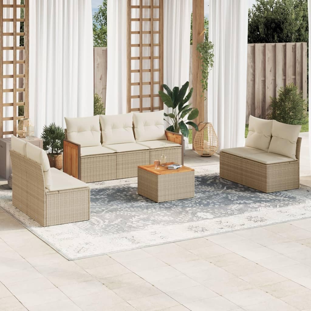 Juego de 8 sofás de jardín con cojines beige de polirratán modular con espacio de almacenamiento, 8 piezas