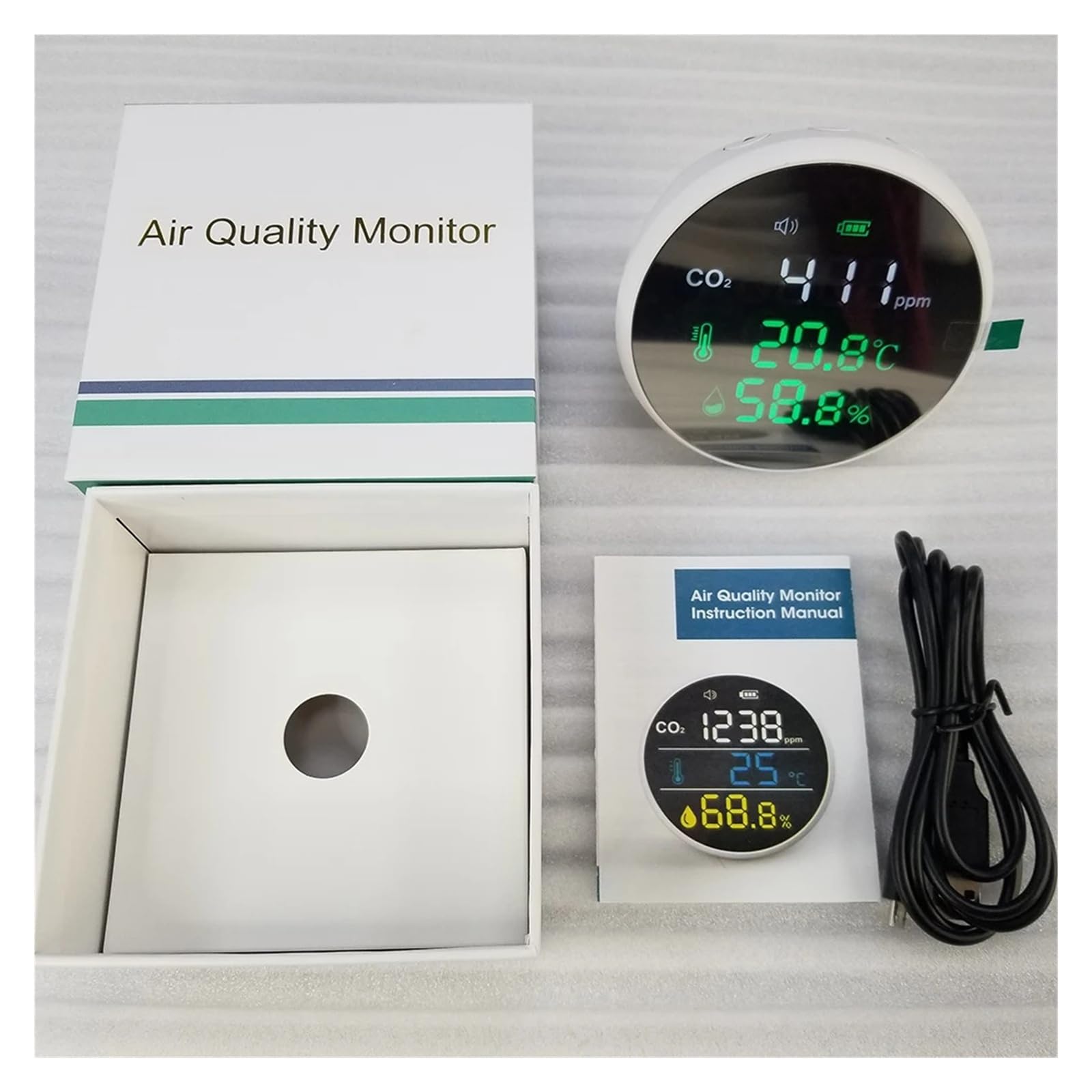 Mini Detector de CO2 de Escritorio con Pantalla LED, termómetro e higrómetro for la Calidad del Aire en casa y autocaravanas. Fechas en Tiempo Real