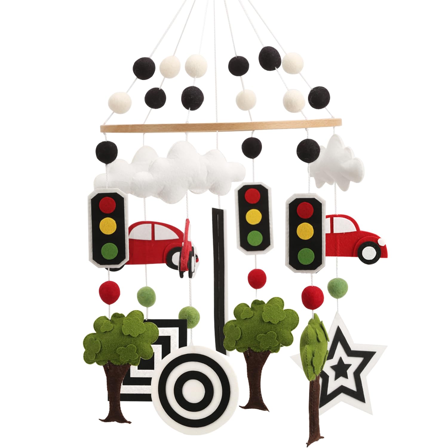 High Contrast Mobile - Black and White Crib Mobile for Development with red Cars, Green Trees and Black and White Patterns