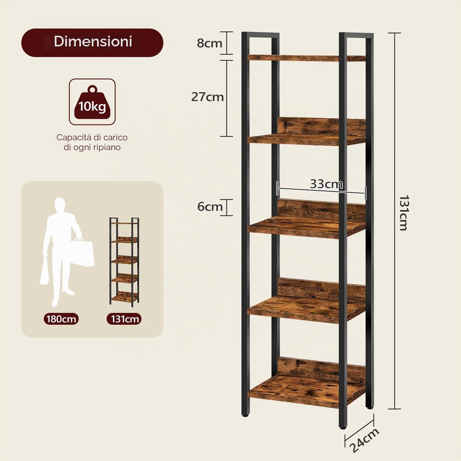 MAHANCRIS Scaffale per libreria, scaffale indipendente, con 5 ripiani, 24 x 33 x 131 cm, ripiani aperti per soggiorno, camera da letto, ufficio, con struttura in metallo, marrone rustico e nero