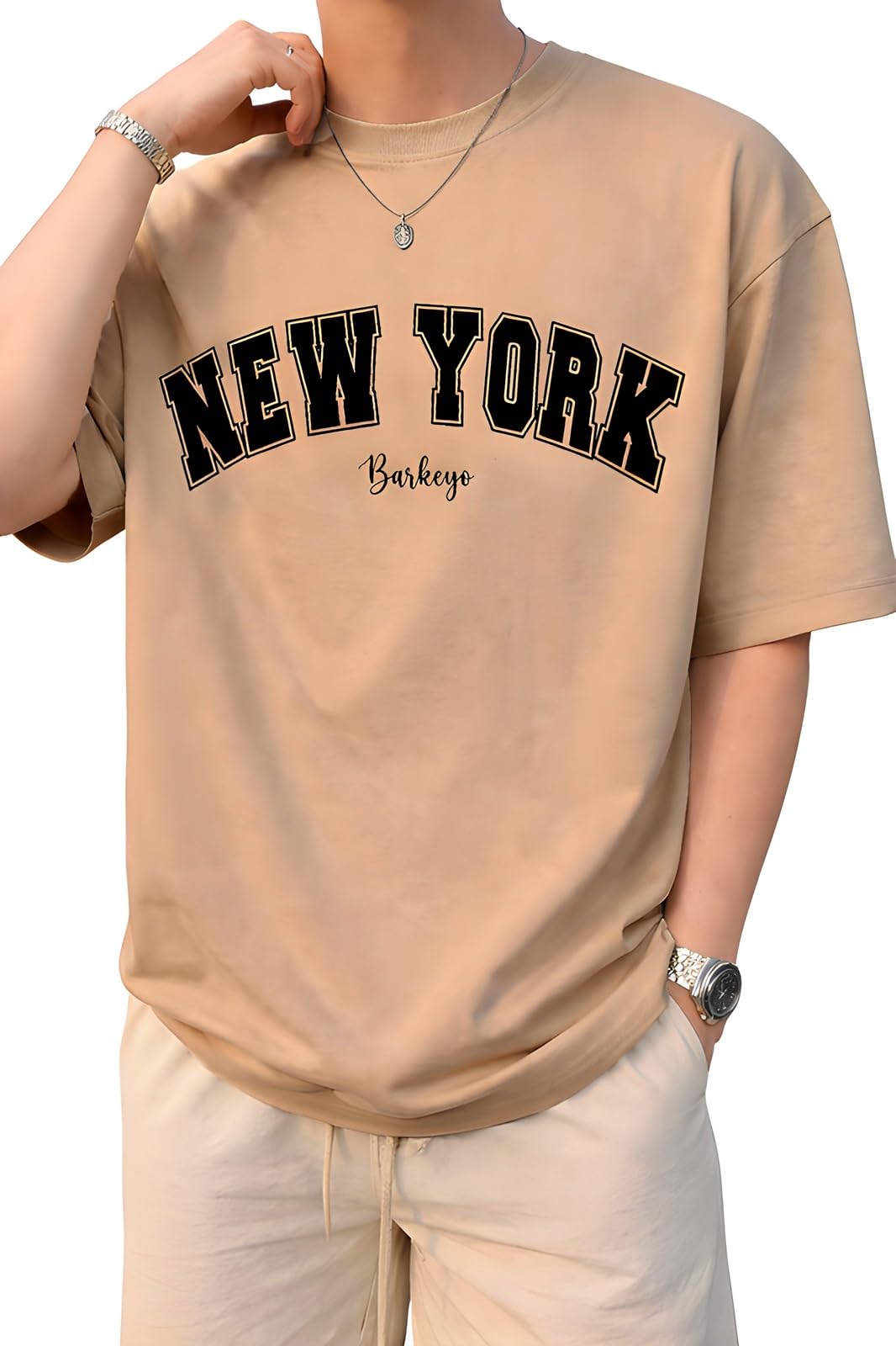 barkeyo Men's Half Sleeve Round Neck French Terry Graphic Print Oversized Tshirt for Man (Newyork-ft)-picture-36