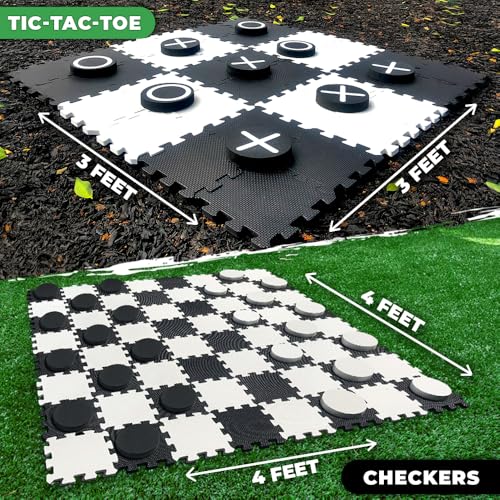 Image of Swooc Games - 2-in-1 Premium Giant Checkers & Tic Tac Toe Game (4ft x 4ft) - 100% High Density EVA Foam Mat & Pieces - Extra Large Checkers Set with Jumbo Checkerboard and Yard Size Tic Tac Toss