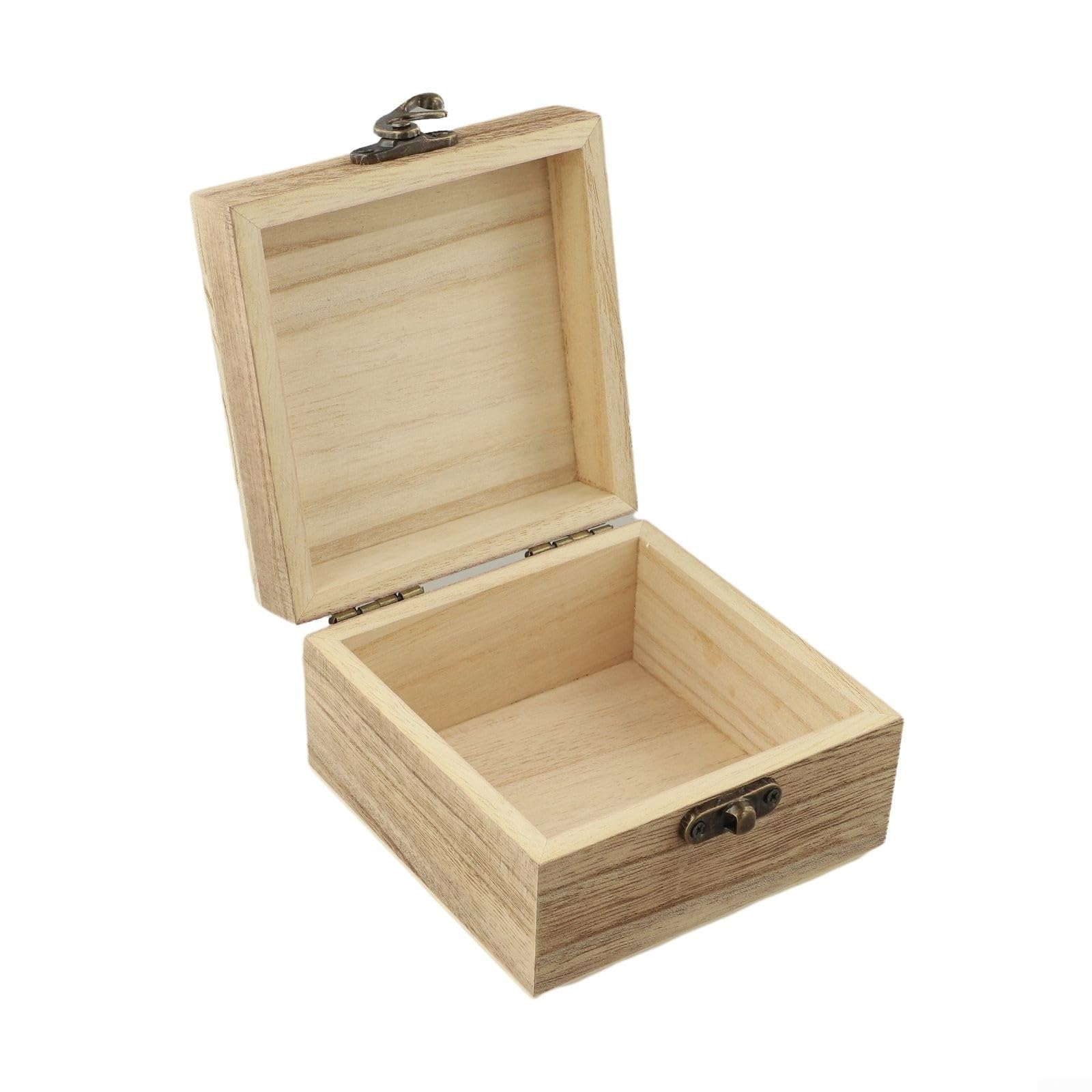 Boîte de rangement vintage en bois de paulownia carrée avec serrure métal 10x10x6 cm