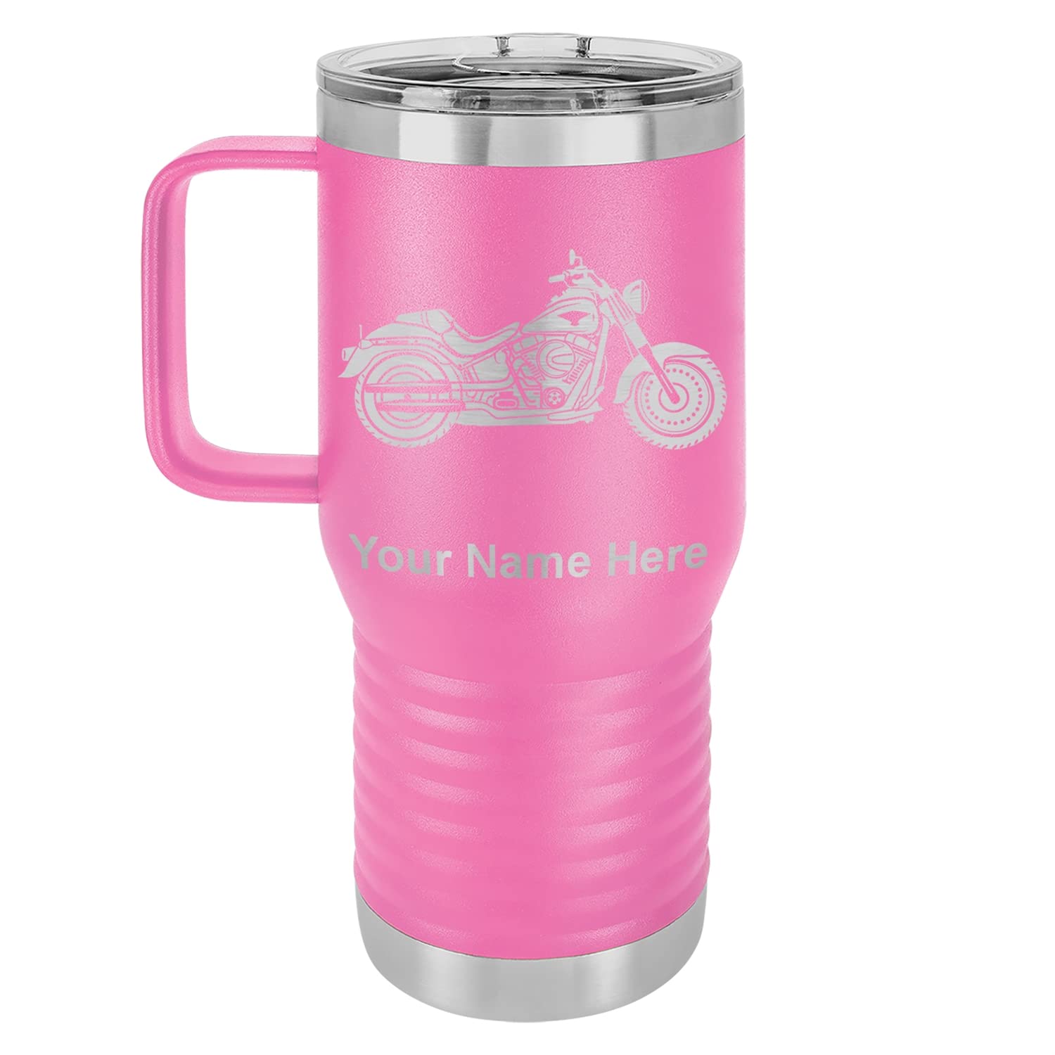 LaserGram 20oz Vacuum Insulated Travel Mug with Handle, Motorcycle, Personalized Engraving Included (Pink)