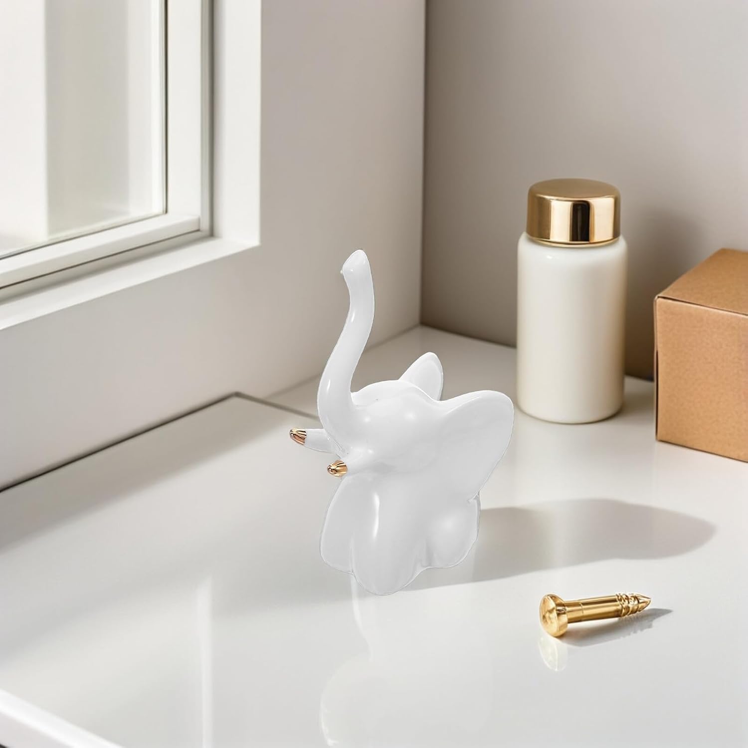 4pcs Decorative Ceramic Toilet Bolt Caps Elephant Design, White Ivory Gold, Toilet Floor Screw Covers for Bathroom Base Mounting Replacement