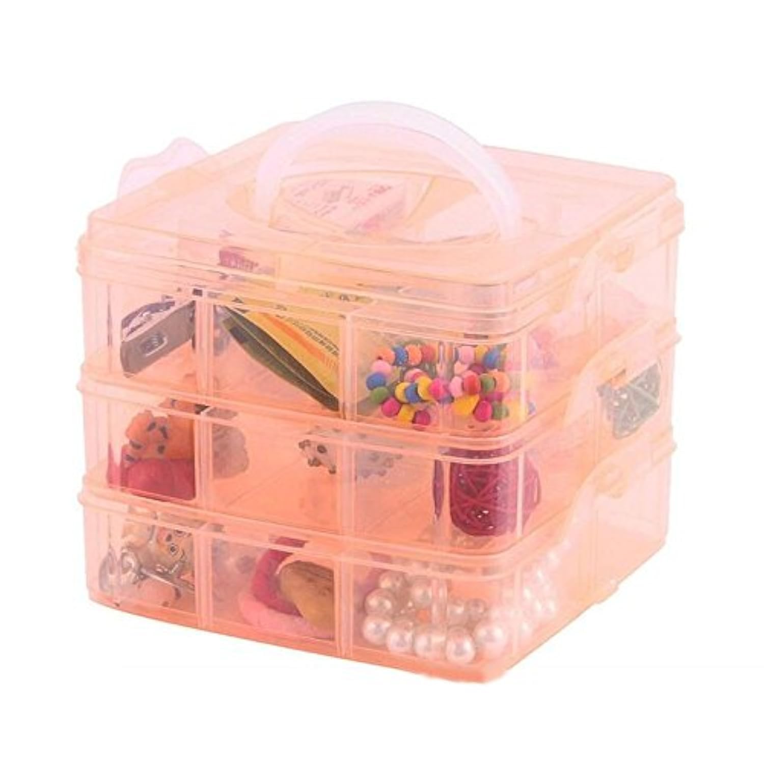 DJUNXYAN 3-Tier 18 Sections Transparent Stackable Adjustable Compartment Slot Plastic Craft Storage Box Organizer for Toy Desktop Jewelry Accessory Drawer Or Kitchen 4 Colors 3 Sizes (Medium Orange)