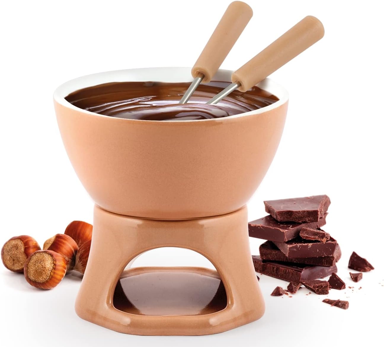 Home 8651100 Chocolate Fondue Set, Stoneware, Beige/White, 4 Pieces