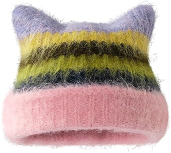 Women Girls Cute Cat Ears Beanie Hat Winter Warm Knit Hat Retro Y2K Skull Caps Soft Slouchy Crochet Hats Ski Cap