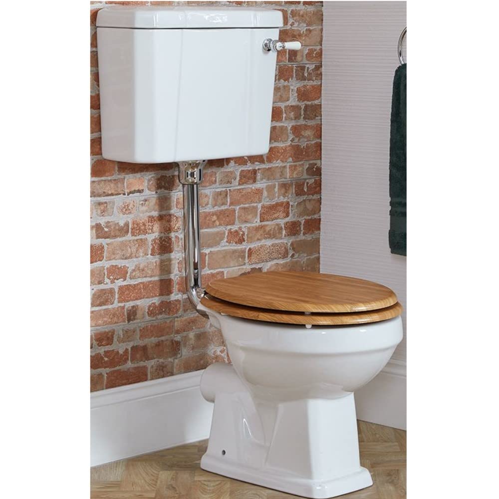 Milano Chrome & White Richmond Comfort Height Low Level Cistern Toilet Wc Oak Effect Seat - Chrome White Flush Kit