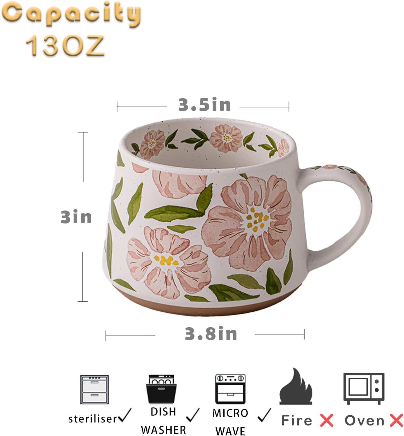 Ceramic Coffee Mug, 13oz Floral Design Pottery cute mugs, Ideal Gift for Women unique vintage pretty coffee mugs (Pink Flower) - Image 3
