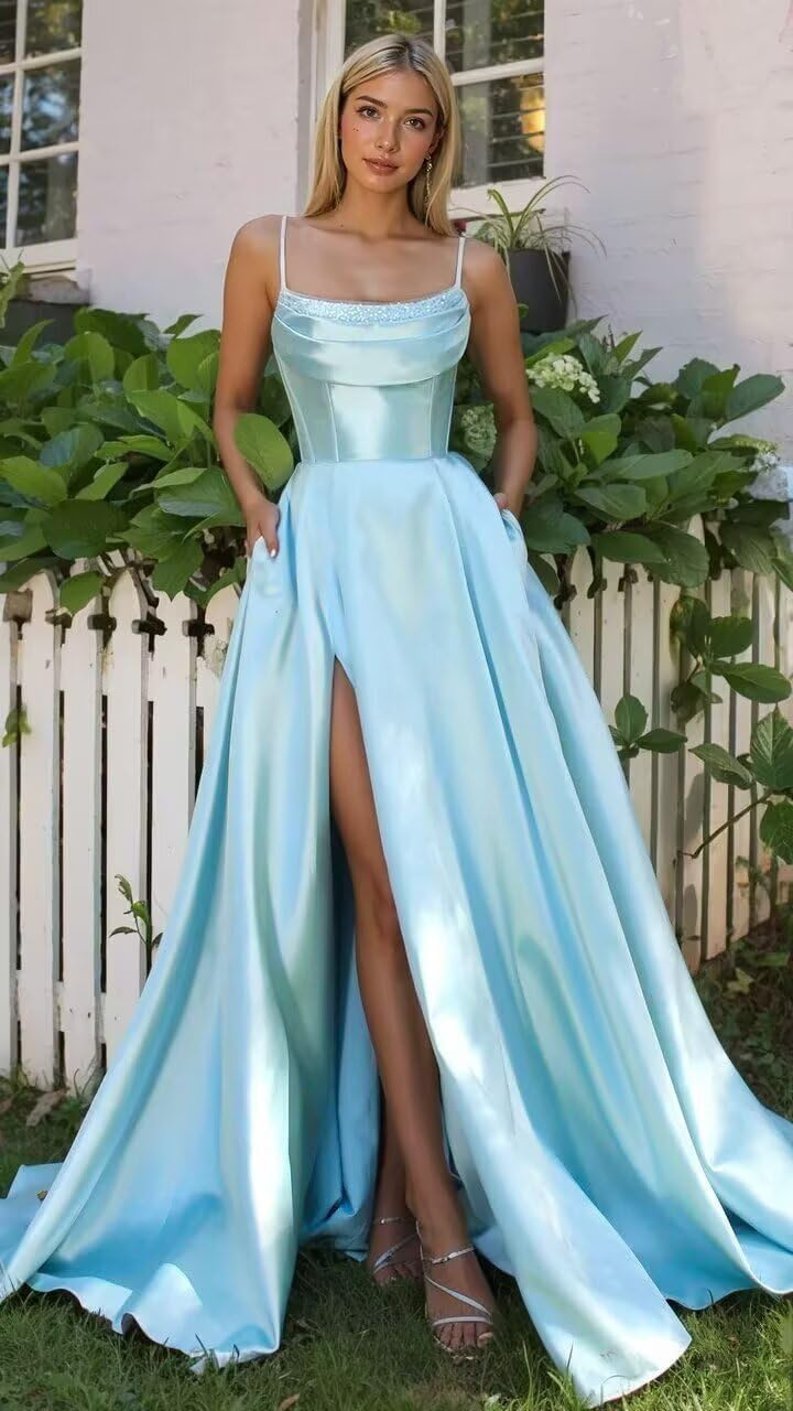 Women's Satin Prom Dresses with Slit 2026 Spaghetti Straps Sequin Cowl Neck Formal Dress with Pockets
