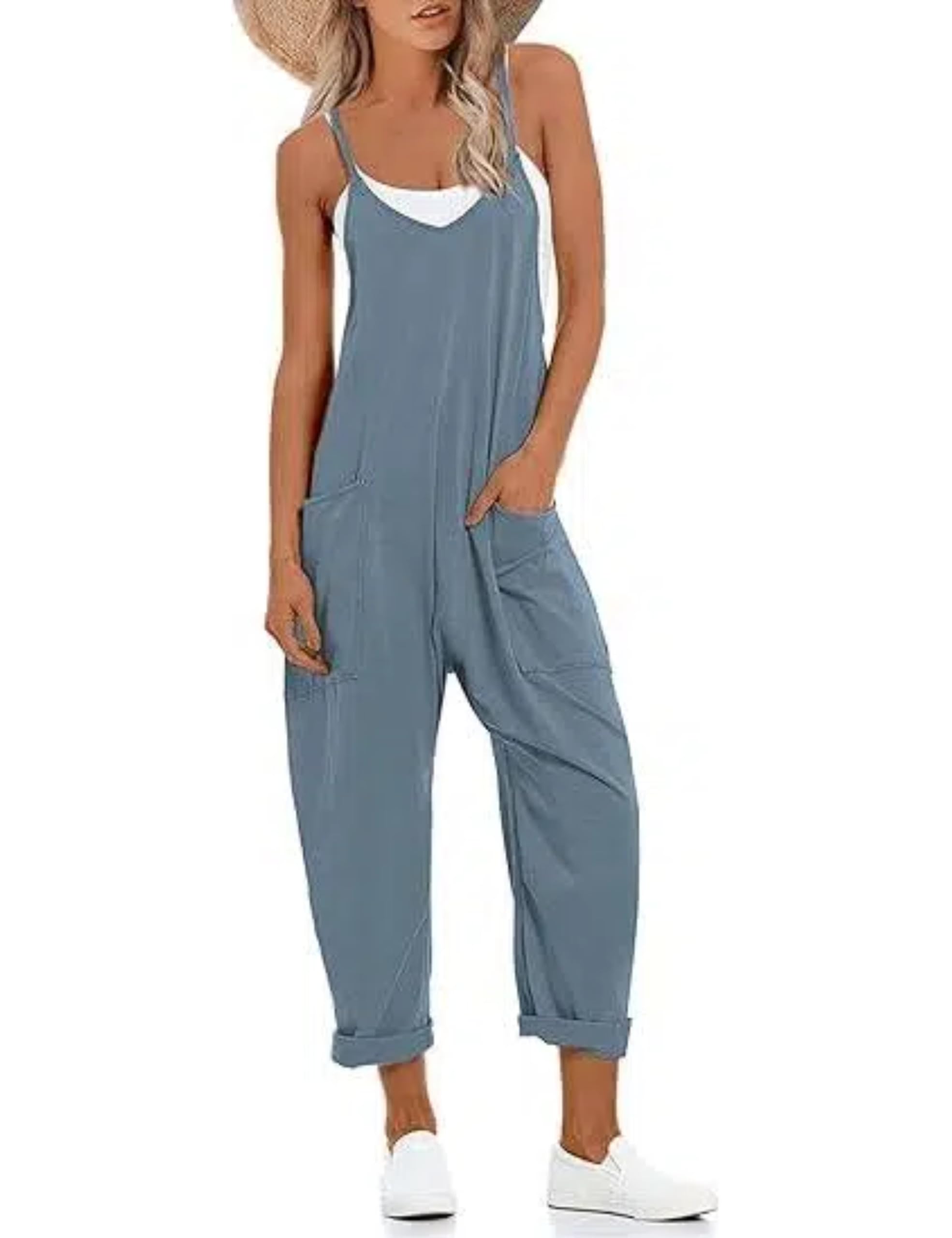 Omoone Damen-Overalls aus Baumwolle, lässig, ärmellos, Baggy, lockerer Strampler, lange Hose mit Taschen