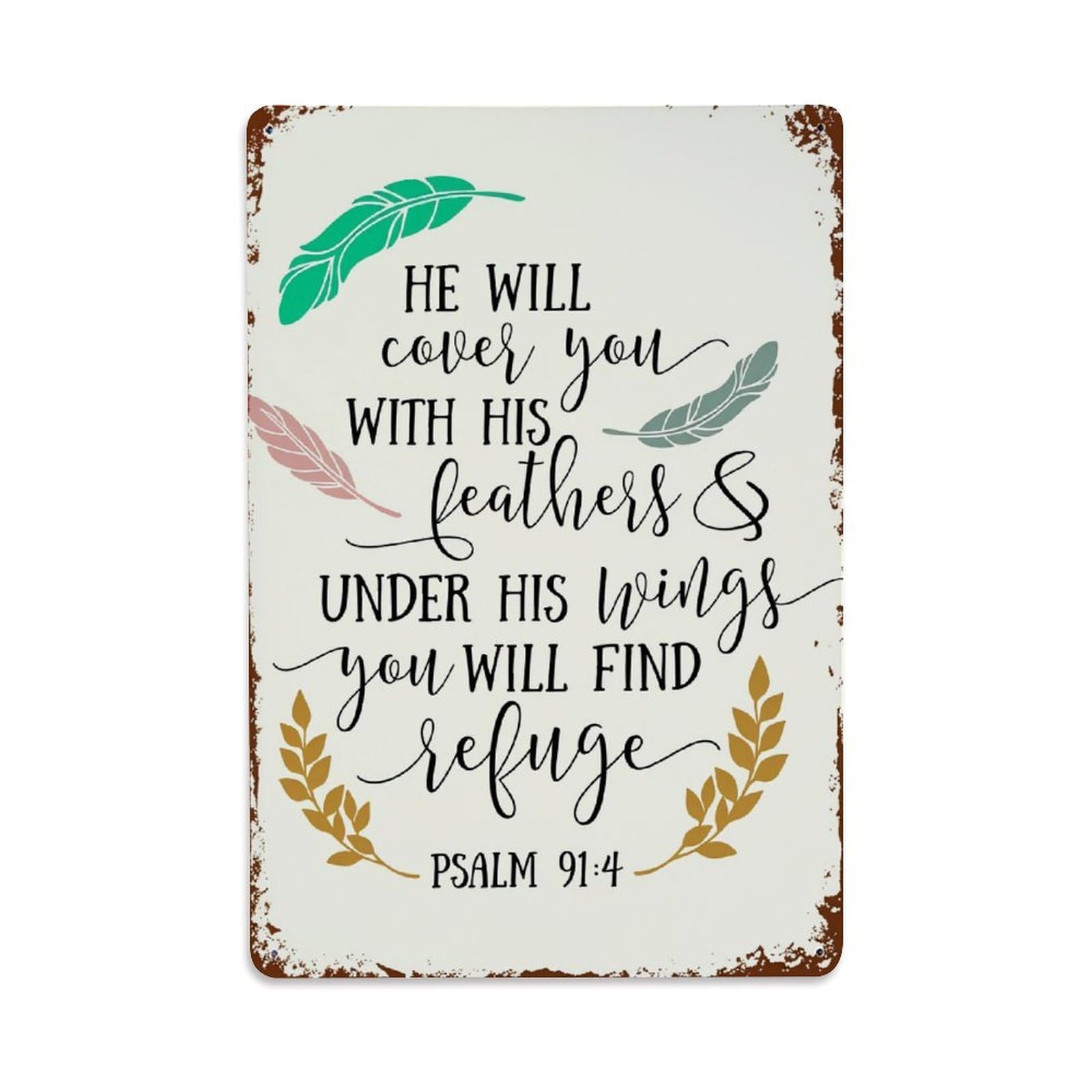 Feather Wings Refuge Psalm Verse Vintage Tin Sign Retro Metal Wall Decor Metal Poster, Home Bar Garage Farmhouse Cafe Wall Art Decoration 8x12Inches