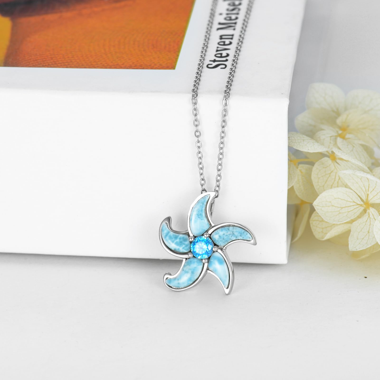 Collar de estrella de mar de Larimar de plata de ley 925 con colgante de estrella de mar azul auténtica, joyería de regalo para mujer, Plata esterlina, Larimar