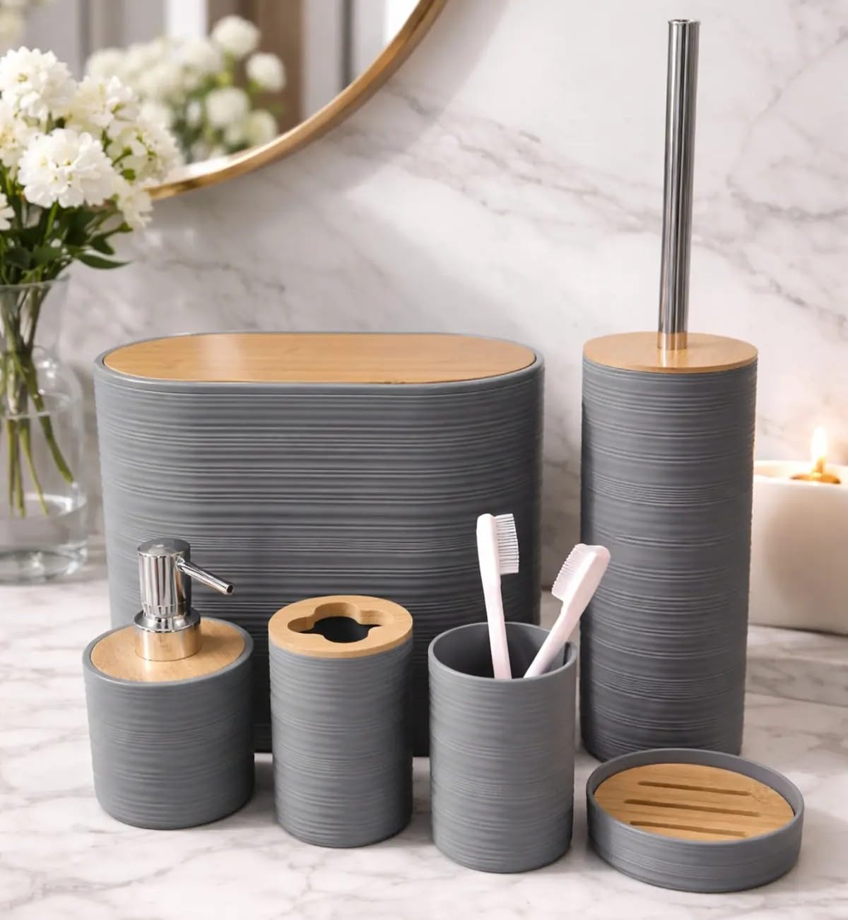6 Parça Banyo Seti, Bambu Detaylı, 8L Çöp Kovası 24x26x16 cm…