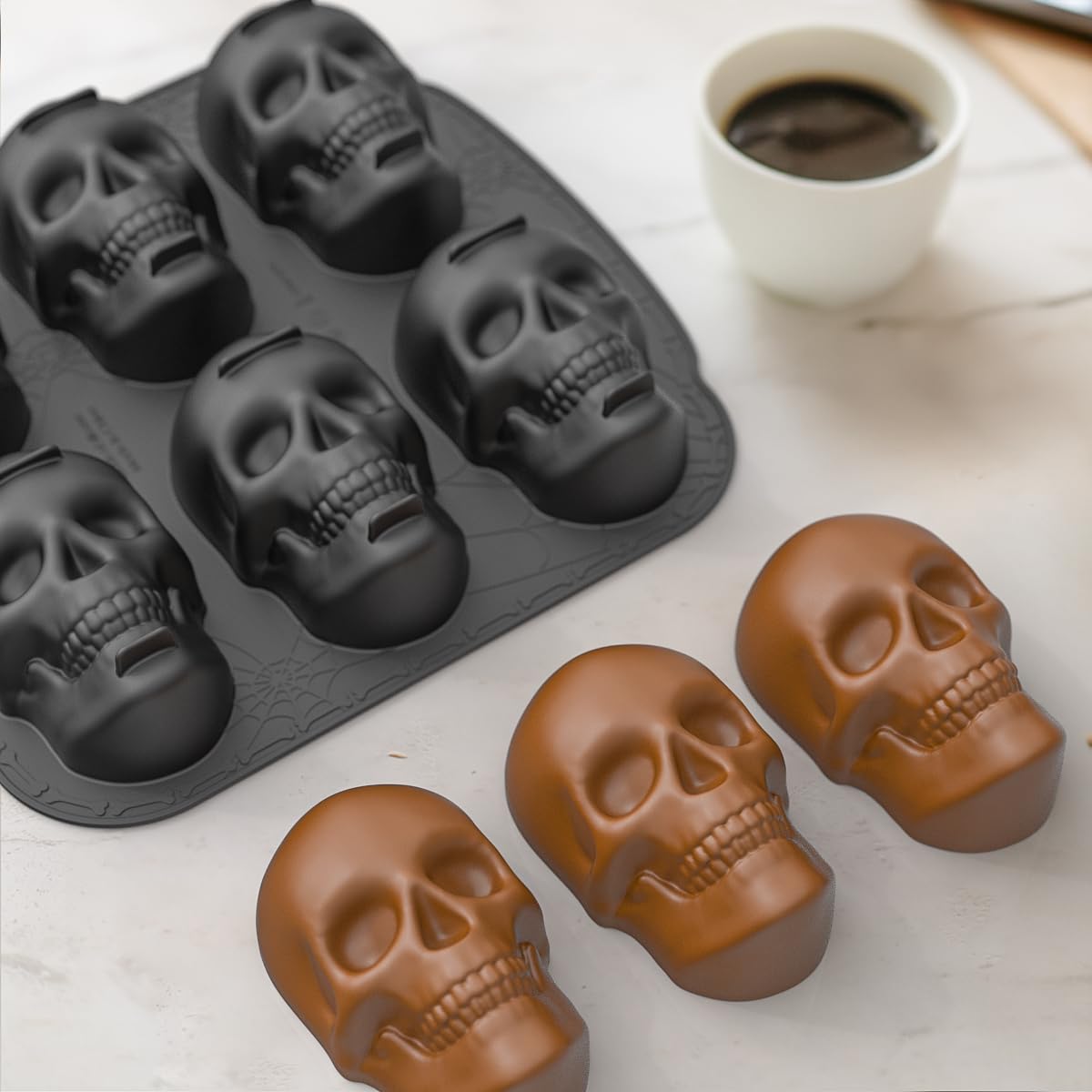 Molde de silicona para pastel de calavera, molde de silicona con 6 cavidades 3D para cubitos de hielo, moldes de silicona para Halloween, sin BPA para chocolate, gelatina, cera derretida, cubitos de 6