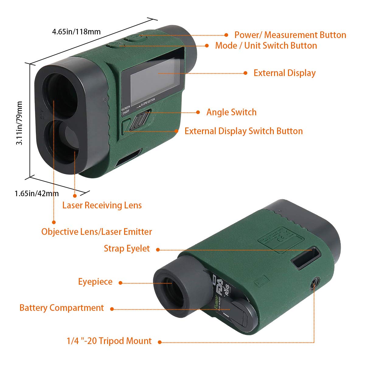 Huepar HLR1000 Pro Telémetro de golf 1100 yardas - 6X Buscador de alcance láser con trayectoria/Flagpole Bloquear/Distancia/Velocidad, caza, uso en exteriores/Distancia/Velocidad, Pantalla LCD externa
