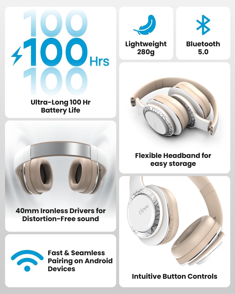 Cleer Audio Enduro 100 Bluetooth Wireless Over The Ear Headphone - Up to 100 Hours Battery Life, Built-in Mic, Hi-Res Sound, Comfortable Fit and Fordable Design, for iPhone & Android (Sand) image 3