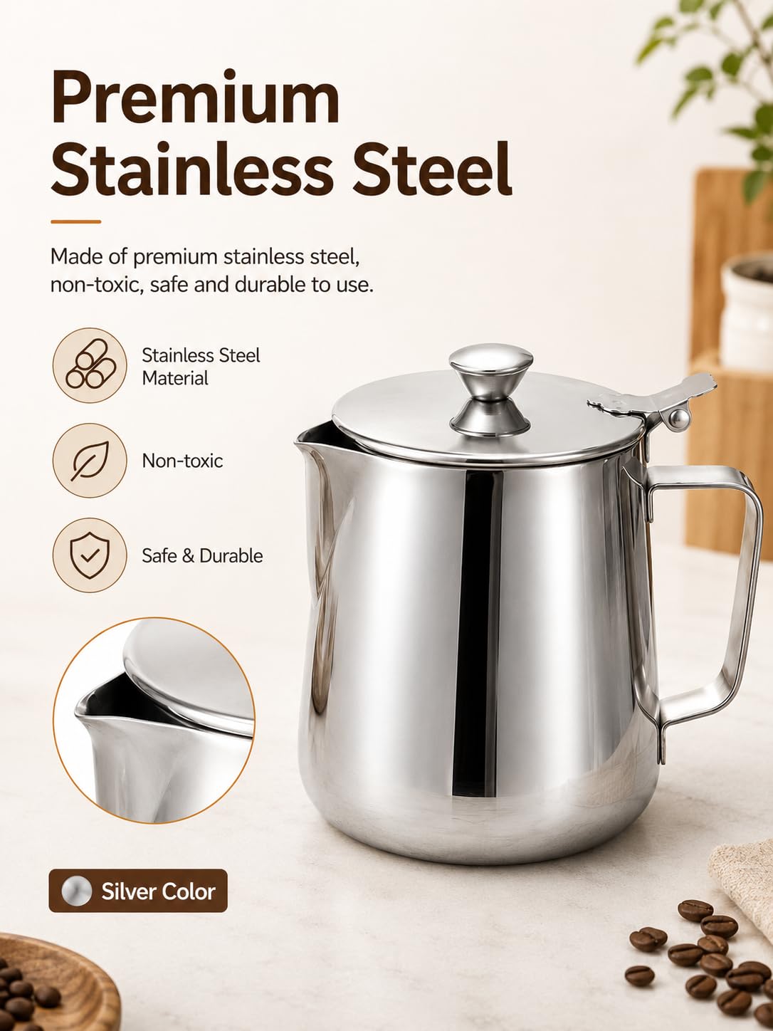 VOBOR Pentolino Latte In Acciaio Inossidabile, Brocca Per Tazza Da Caffè Con Coperchio Per Schiuma Di Latte Art (350 Ml)