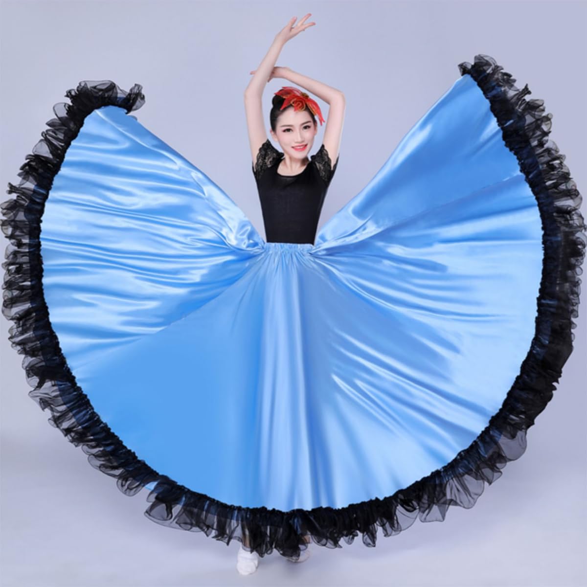 OTMYIGO Spódnica do tańca brzucha dla kobiet na bal maturalny, długa spódnica do tańca, hiszpańska flamenco, impreza, strój balowy, konkurs