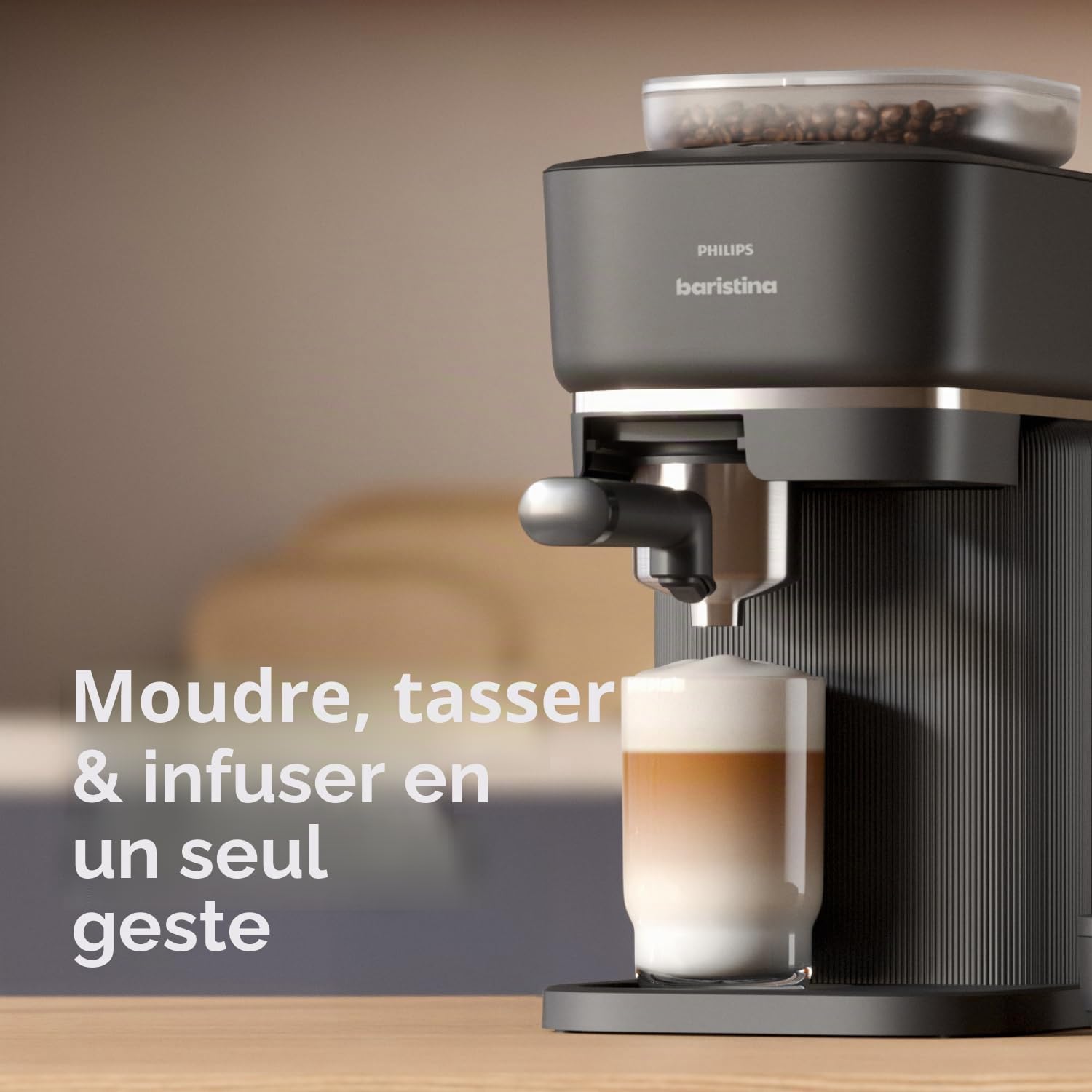 Philips Baristina Machine à expresso et mousseur à lait véritable Espresso Cafetière compacte, porte-filtre, meuleuse, café crème, mousse de lait laitier et non laitier, chaud et froid, facile à