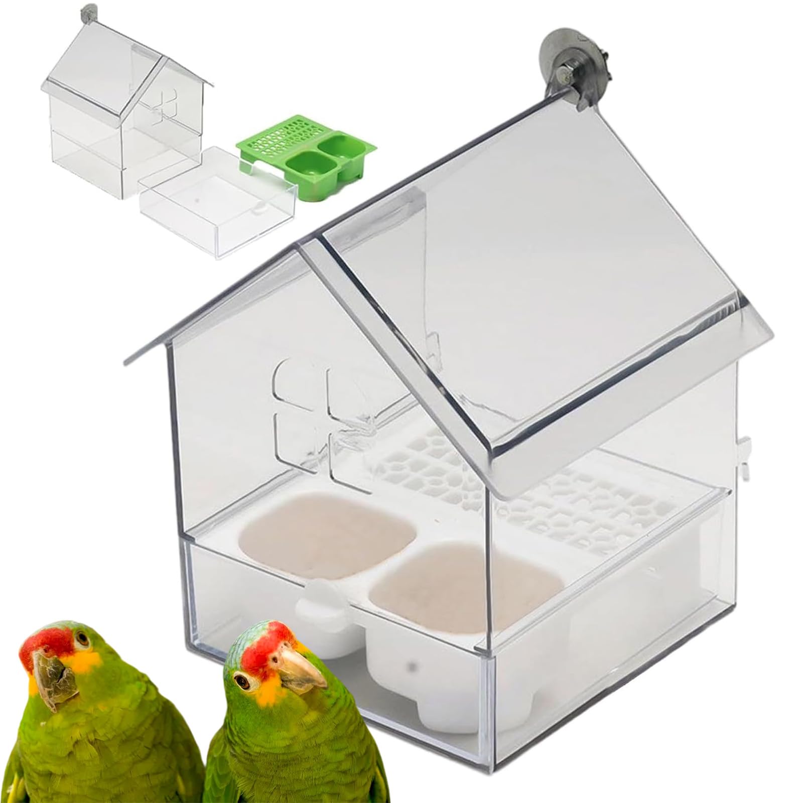 Pull Out External Parrot Feeder, Transparent Pull Out Parrot Feeder Stable Installation, Perch & Play 3-in-1 Combo, Easy to Refill and Clean, for Balcony Garden Fence (A)