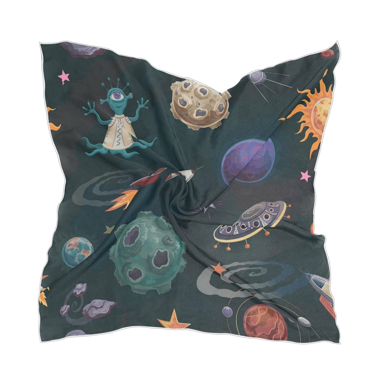 linomo Women's Chiffon Silk Scarf Space Planet Spaceship Alien Square Shawl Wrap Silk Like Scarf